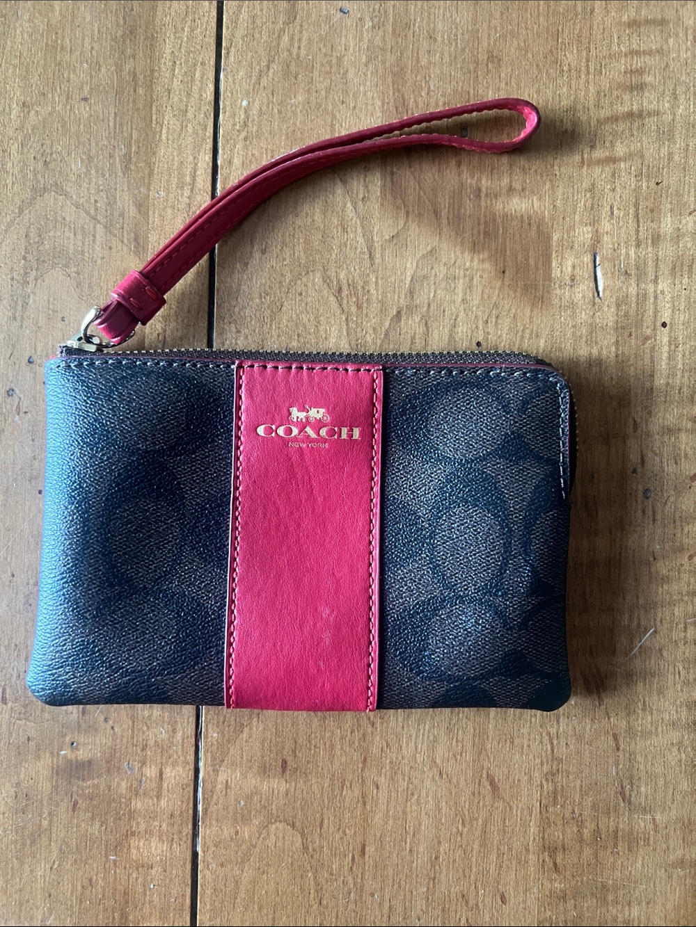 Coach Signature Small Wristlet with Red Leather Stripe